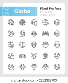 Globe Pixel perfekte lineare Symbole Set. Weltkarte. Planet freundlich. Anpassbare Thin-Line-Symbole. Einzige Vektorgrafik-Rahmenillustrationen. Bearbeitbarer Strich. Montserrat fett, verwendete leichte Schriftarten