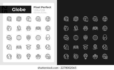 Globe pixel perfect linear icons set for dark, light mode. World map. Save Earth. Thin line symbols for night, day theme. Isolated illustrations. Editable stroke. Montserrat Bold, Light fonts used