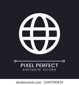 Icono de ui lineal de píxel de globo perfecto para el tema oscuro. Conexión a Internet. Comunicación. Pictograma de la línea del vector. Símbolo de interfaz de usuario aislado para el modo nocturno. Trazo editable. Fuente de Poppins utilizada