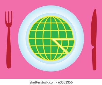 Globe as pizza slices with knife and fork - vector illustration