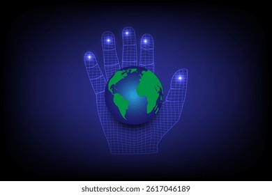 The globe is placed on a high tech hand-woven net of bright light on a dark blue background, vector illustration