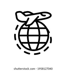 Globe and plane, air travel, around the world, simple business icon. Black icon on white background