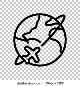 Globe and plane, air travel, around the world, simple business icon. Black editable linear symbol on transparent background