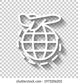 Globe and plane, air travel, around the world, simple business icon. White linear icon with editable stroke and shadow on transparent background