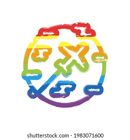 Globe and plane, air travel, around the world, simple business icon. Drawing sign with LGBT style, seven colors of rainbow (red, orange, yellow, green, blue, indigo, violet
