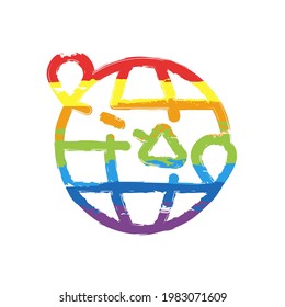 Globe and plane, air travel, around the world, simple business icon. Drawing sign with LGBT style, seven colors of rainbow (red, orange, yellow, green, blue, indigo, violet