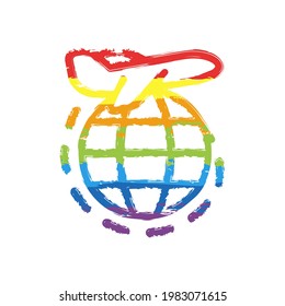 Globe and plane, air travel, around the world, simple business icon. Drawing sign with LGBT style, seven colors of rainbow (red, orange, yellow, green, blue, indigo, violet