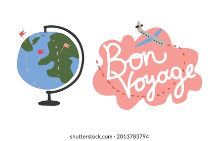 Globe and Plane Flight as Travel and Tourism Symbol Vector Set