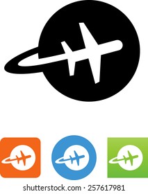 Globe with plane flying around icon