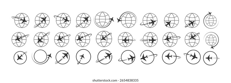  Globe Plane Icon set – Airplane Travel Vector Symbol for Flight and Logistics.