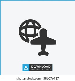 globe and plane icon. Simple filled globe and plane icon. On white background.