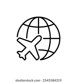 Globe plane icon. Simple outline style. Travel around the world, airplane, world map, globe, round, circle, transportation concept. Thin line symbol. Vector illustration isolated.