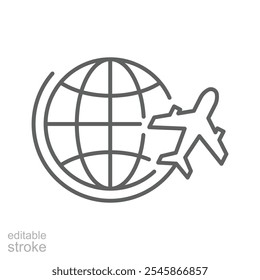 Globe plane icon. Simple outline style. Travel around the world, airplane, world map, globe, round, circle, transportation concept. Thin line symbol. Vector illustration isolated. Editable stroke.