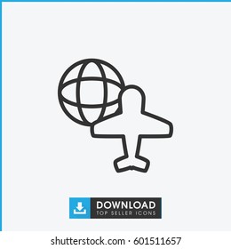 globe and plane icon. simple outline globe and plane vector icon. on white background.