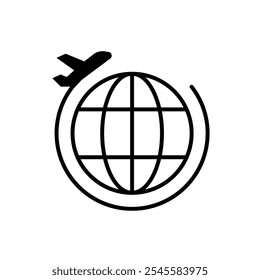 Globe plane icon. Simple solid style. Travel around the world, airplane, world map, globe, round, circle, transportation concept. Black silhouette, glyph symbol. Vector illustration isolated.