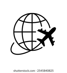 Globe plane icon. Simple solid style. Travel around the world, airplane, world map, globe, round, circle, transportation concept. Black silhouette, glyph symbol. Vector illustration isolated.