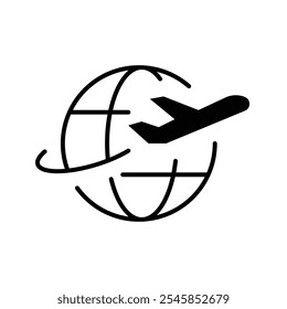 Globe plane icon. Simple solid style. Travel around the world, airplane, world map, globe, round, circle, transportation concept. Black silhouette, glyph symbol. Vector illustration isolated.