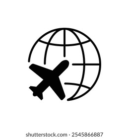 Globe plane icon. Simple solid style. Travel around the world, airplane, world map, globe, round, circle, transportation concept. Black silhouette, glyph symbol. Vector illustration isolated.