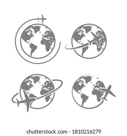 vector de icono de plano de globo. el avión vuela alrededor de la tierra. símbolo internacional de la señal de la mosca. logotipo aislado sobre fondo blanco. concepto de logística de carga de pasajeros en el mapa de aviones de reacción