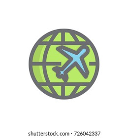 Globe and plane icon vector. Globe and plane filled outline style design