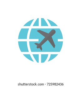 Globe and plane icon vector. Globe and plane flat style design