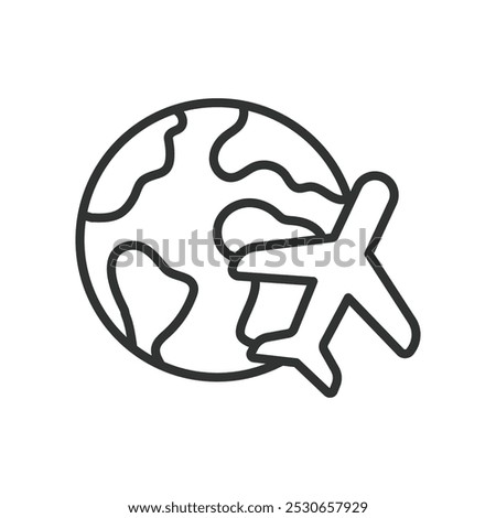 Globe and plane, in line design. Globe and plane, world travel, airplane, global travel, flight, earth, international travel on white background vector. Globe and plane editable stroke icon
