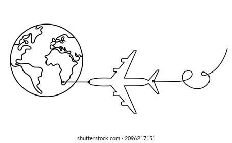 Globe with plane as line drawing on white background. Vector