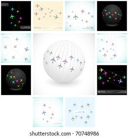 Globe with plane sign. Abstract background with airplane lines. Vector illustration.