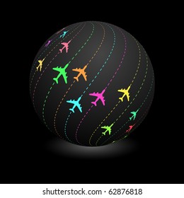 Globe with plane signs. Vector illustration.