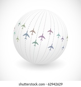 Globe with plane signs. Vector illustration.