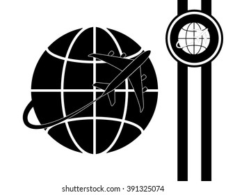 globe and plane travel - black and white vector icon