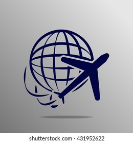 Globe and plane travel blue on a gray background