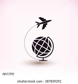 Globe and plane travel icon