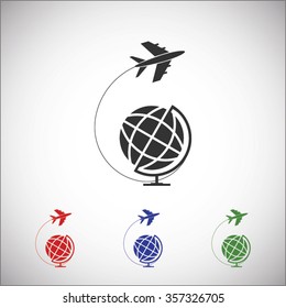 Globe and plane travel icon