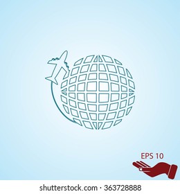 Globe and plane travel icon