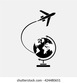 Globe and plane travel icon.