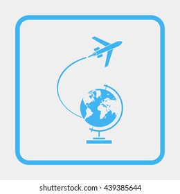 Globe and plane travel icon.