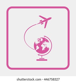 Globe and plane travel icon.
