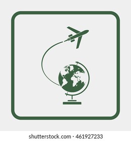 Globe and plane travel icon.