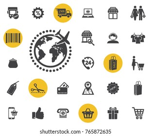 The Globe and plane travel icon on white background. Worldwide Shipping symbol.  Simple shopping icons set. Universal shopping icon to use for web and mobile UI, set of basic UI shopping elements.