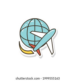 Globe and plane travel icon sticker style travel icon