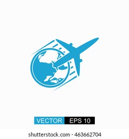 Globe and plane travel icon vector. Isolated blue icon on white background.