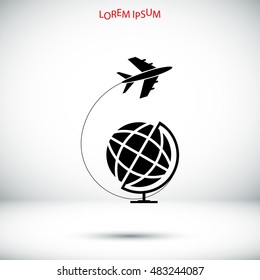 Globe and plane travel icon, vector best flat icon, EPS