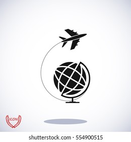 Globe and plane travel icon, vector best flat icon, EPS