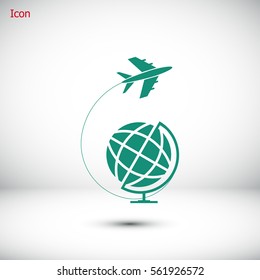 Globe and plane travel icon, vector best flat icon, EPS