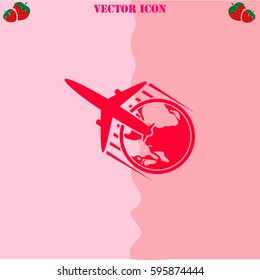 Globe and plane travel icon vector  icon. Strawberry Background.