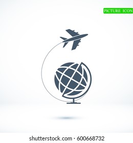 Globe and plane travel icon, vector best flat icon, EPS
