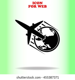 Globe and plane travel icon web icon. Black illustration on white background