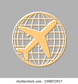 Globe and plane travel sign. Emboss effect with light orange icon on gray background.