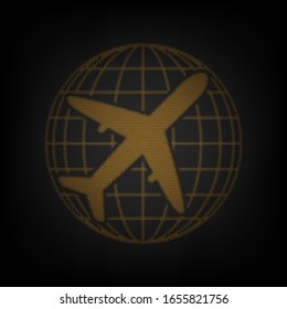 Globe and plane travel sign. Icon as grid of small orange light bulb in darkness. Illustration.